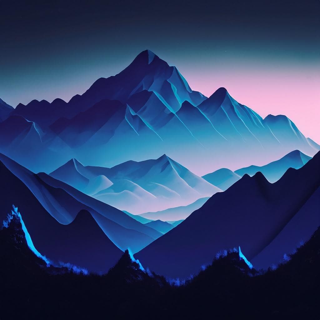 An abstract painting of mountains and a blue sky, capturing the beauty of nature in vibrant colors.